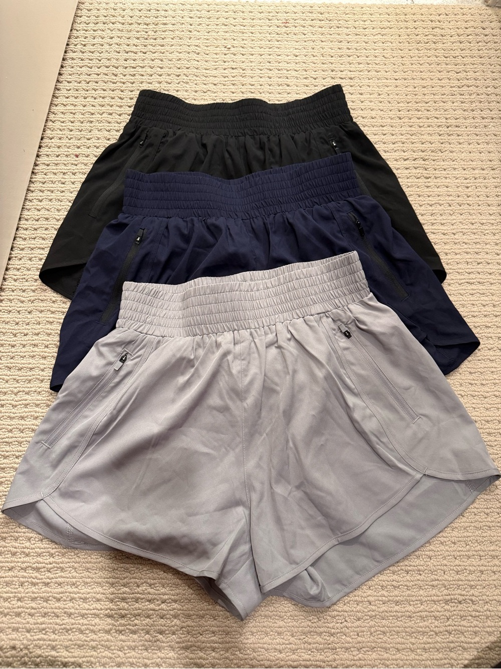 Women's Athletic Smocked-Waist Shorts — Black, Navy & Light Gray (3-Pack) NWOT